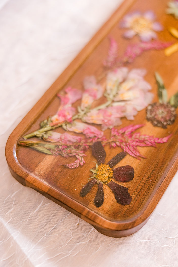 Moody midsummer floral wooden resin tray for bar cart decor