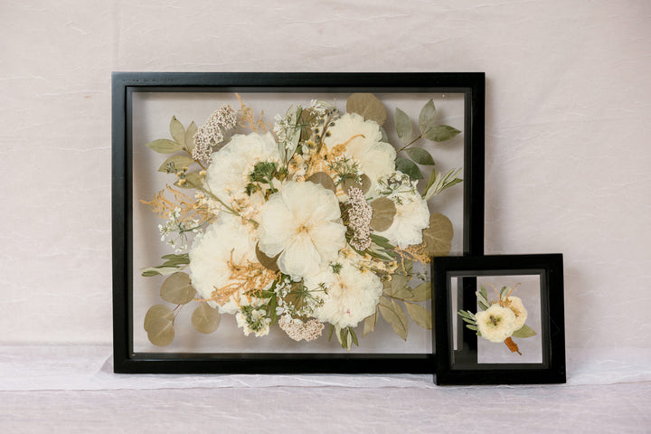 Pressed bouquet and pressed boutonniere in glass floating frame - Pressed Bouquet Shop, Element Design Co 