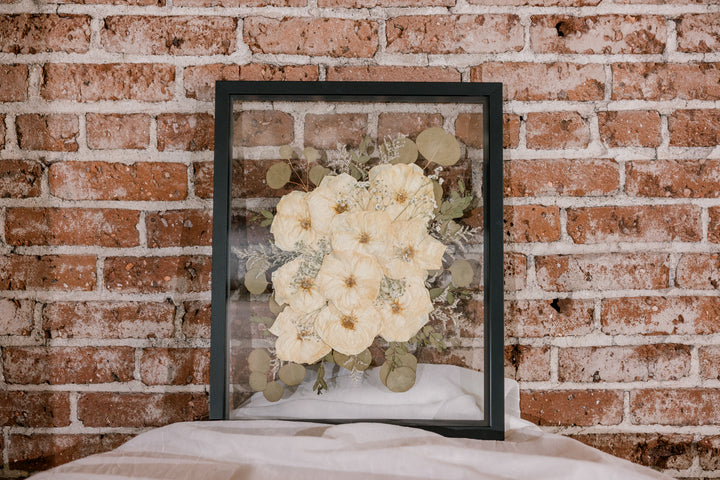 All white rose bouquet with greenery pressed flowers by Element Design previously known as Pressed Bouquet Shop