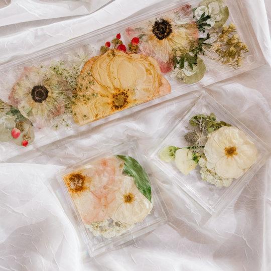 Pressed flowers in resin coasters and a tray - made by Element Design Co, Element Preservation, Pressed Bouquet Shop