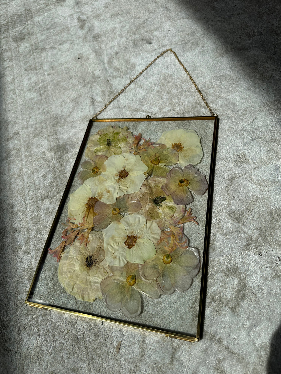 a large pressed flower gold hanging frame against a white rug.