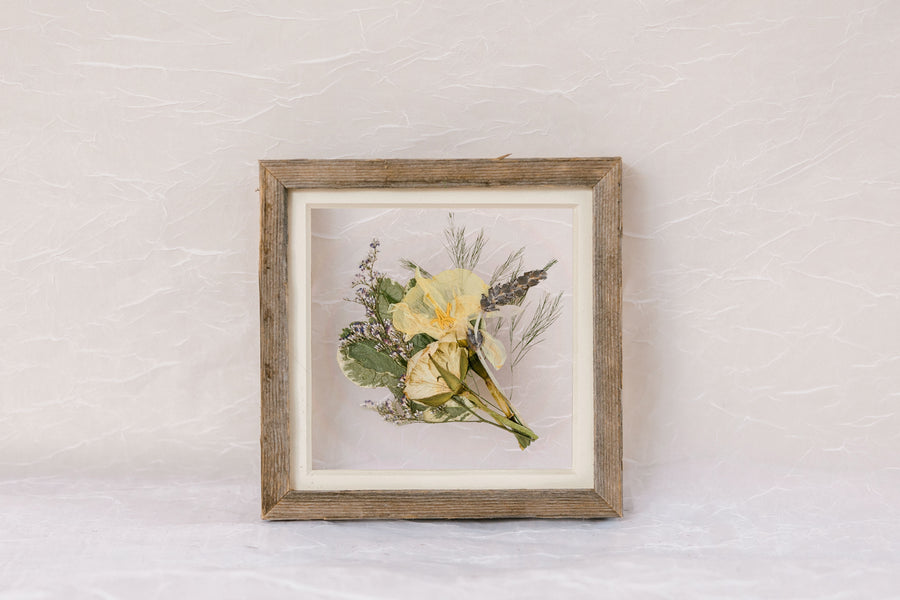 6x6, mini barn wood frame with a pressed boutonniere.
