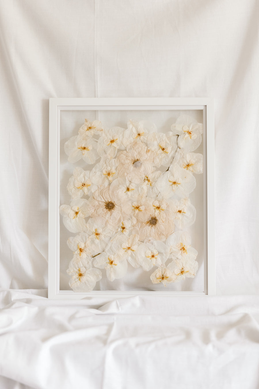 An all white bouquet with no greenery was turned into a pressed floral art piece filled with pressed roses and pressed orchids. 