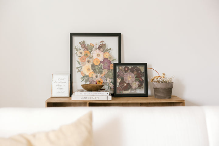 Framed pressed flowers by Element Design Co, previously known as Pressed Bouquet Shop