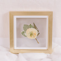 6x6, mini gold wood frame with a pressed boutonniere.