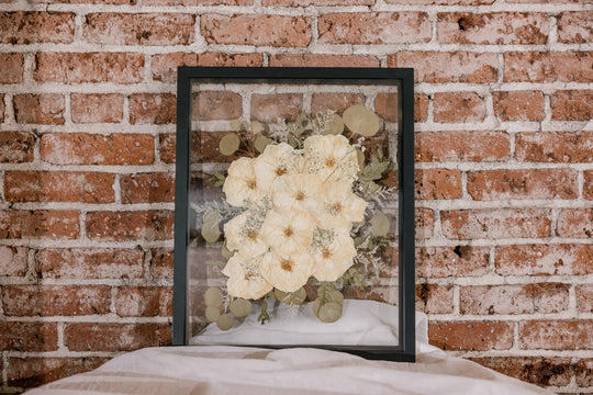 Pressed bouquet from wedding with pressed white roses in black wood floating frame - Pressed Bouquet Shop, Element Design Co 