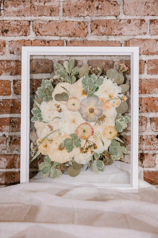 Wedding bouquet pressed in a glass frame with a white wood surround - made by Element Design Co, Element Preservation, Pressed Bouquet Shop