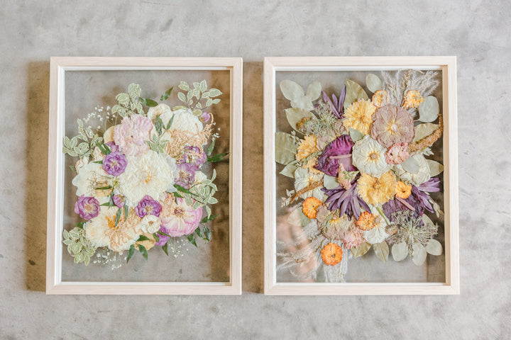 Two pressed floral frames as wedding bouquet preservation made by Element Design Co, Element Preservation, the Pressed Bouquet Shop