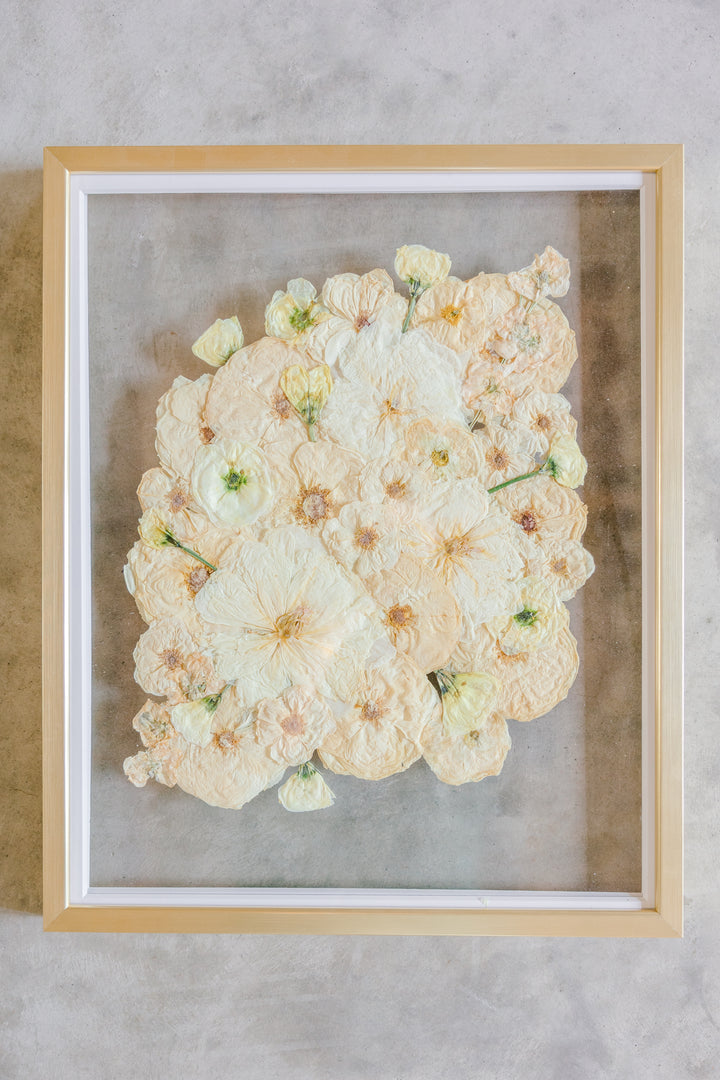 All white flower pressed bouquet frame in gold wood - flower preservation by Element Design Co. 