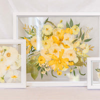 The Gallery Bundle Deal with all white wood frames filled with pressed wedding bouquet flowers