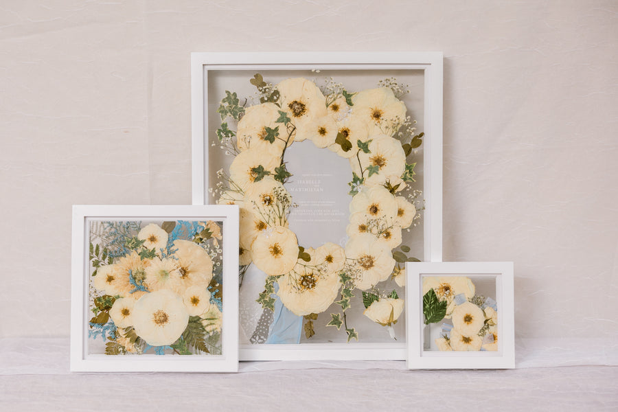The Gallery pressed wedding flowers bundle deal with white wood frames 