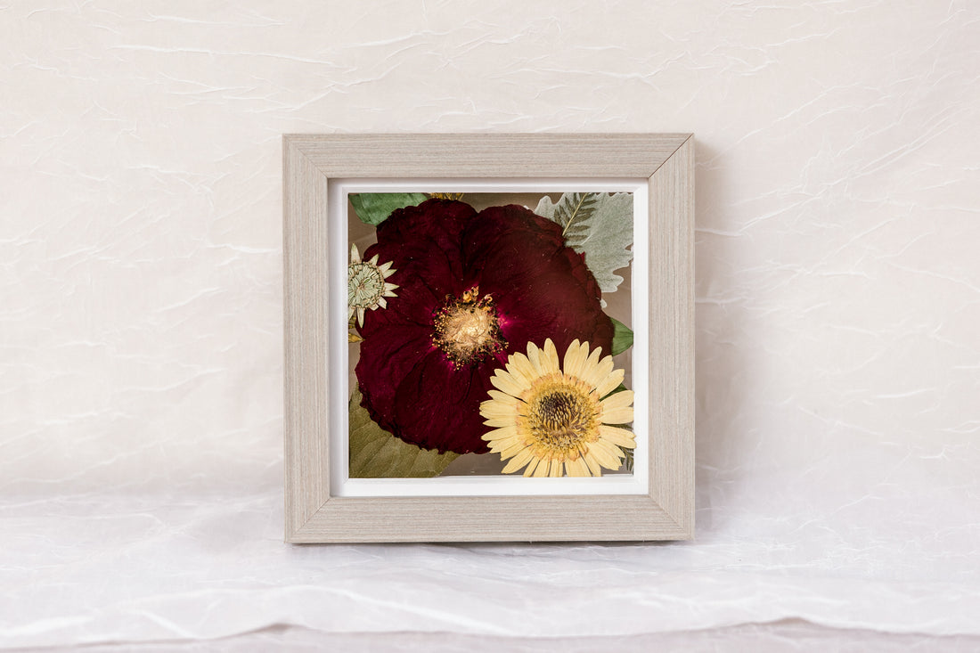 6x6 gray wood frame with pressed wedding flowers preserved as home decor